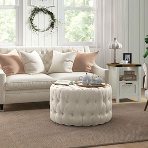 Round <b>Ottoman</b> for Home Office Velvet Feel Beige Foot <b>Stool</b> with Button Tufted Design Padded Seat for Living Room or Entryway - Product Image 2