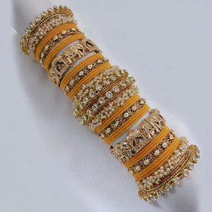 Gold Plated Meenakari Velvet <b>Bangles</b> <b>Set</b> with Pota Stone and Pearl Elegant Pearl Bracelets - Product Image 1