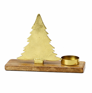 Wholesale Handcrafted Gold Aluminium Christmas Tree <b>Tea</b> Light Candle Holder With Rustic Mango Wood Base For Festive Home Decor - Product Image 5