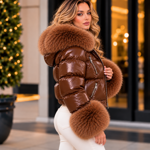 Chaqueta de Cuero Genuino para Mujer con Cuello de Piel Marrón, Abrigo Corto de Invierno de Lujo/Ropa de Moda de Invierno - Product Image 2