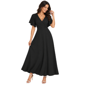 Robe longue élégante noire à col en V et manches courtes, coupe trapèze, en mousseline, avec ceinture à nouer, pour soirée, respirante, couleur unie, toutes saisons, vêtements pour femmes - Product Image 1
