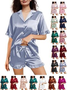 Chemise de nuit en satin de soie pour femmes, manches courtes, col en V, couleur unie, vêtements de nuit élégants, ensemble haut et short d'été, taille XS à 4XL - Product Image 5