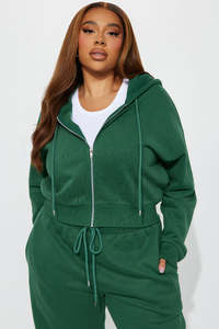 Ensemble de survêtement pour femme, vert, à capuche, avec fermeture éclair, haut court, manches longues, couleur unie, décontracté, avec poches latérales - Product Image 6