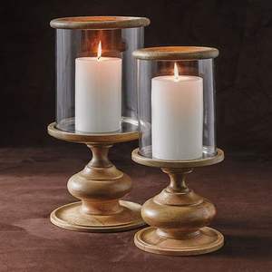 Porte-bougie décoratif rustique en bois, paire avec cylindre en verre transparent, décoration de table vintage - Product Image 1