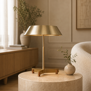 Lámpara de Mesa Metálica Auric Horizon con Pantalla Ancha de Hierro Cepillado, Base de Diseño Robusta, Iluminación Ambiental Cálida para Interiores de Lujo - Product Image 1