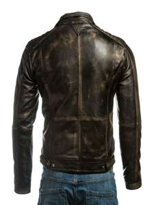 Blouson de moto réversible imperméable en peau de mouton cirée délavée noir et marron à col montant grande taille pour homme - Product Image 2