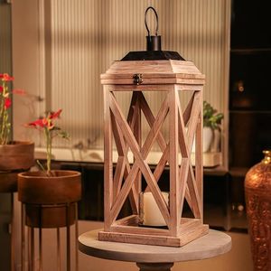 Farol de Vela con Marco de Madera Rústico, Farol Decorativo de Vidrio para Decoración del Hogar, Bodas y Eventos - Product Image 1