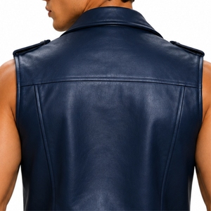 Veste en cuir décontractée pour hommes, style motard, sans manches, col large, fermeture éclair sur le devant, plusieurs poches, ajustable - Product Image 5