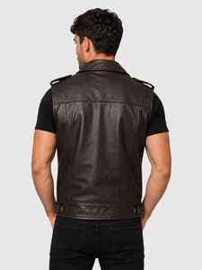 Lawd Sports <b>Men's</b> Genuine <b>Leather</b> Waterproof Sleeveless Moto <b>Vest</b> Zipper Closure Pockets Collarless Design Autumn Outer Wear - Product Image 4