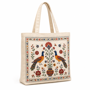 Custom Cotton <b>Canvas</b> <b>Beach</b> Tote Bag with Long Handle Floral Bird Pattern for Promotional Use - Product Image 1
