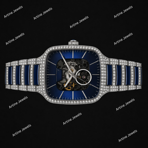 Blue <b>Skeleton</b> Crystal Square <b>Watch</b> <b>Automatic</b> Open Gear Dial Silver Tone Luxury Timepiece For Men Modern Fashion Gift - Product Image 3