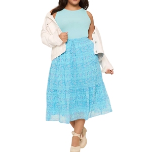 Jupe mi-longue décontractée à rayures pour femmes grande taille, taille haute, respirante, en satin doux, jupe d'été - Product Image 2