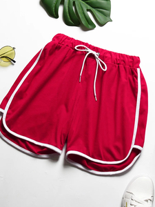 Short décontracté rose pour femme, couleur unie, taille élastique avec cordon de serrage, coupe ample, en coton tricoté respirant, style taille mi-haute - Product Image 5