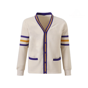 Custom Omega Neutral Fraternity <b>Cardigan</b> Men's Off White 100% Cotton Fleece Sweater Purple Gold Stripe Greek Wholesale Buyers - Product Image 1