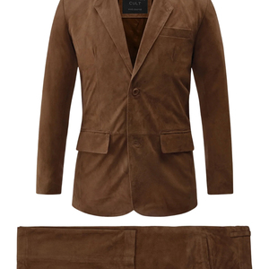 Costume deux pièces en daim marron pour homme, blazer à revers crantés et pantalon, simple boutonnage - Product Image 2