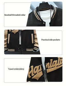 Chaqueta Varsity Negra Personalizada de Alta Calidad para Hombre con Letras Bordadas en Dorado y Mangas Beige, Chaqueta de Béisbol Estilo Varsity - Product Image 2