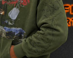 Sudadera con capucha y cremallera para hombre Rexfit, color verde oliva, corte holgado, estilo urbano, estampado en felpa, para otoño, con estampado DTF - Product Image 4