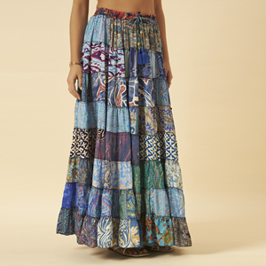 Falda Larga Casual Reversible de Satén con Parches Estilo Bohemio para Mujer, Cintura Elástica con Cordón, Borlas y Volantes, Diseño Paisley Azul - Product Image 5