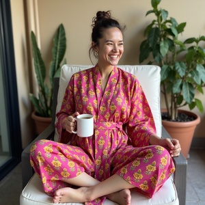 Celestial fucsia Panorama atemporal encanto algodón traje de baño cubrir Ups Algodón puro bloque de mano estampado de talla grande para mujeres fucsia - Product Image 5