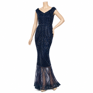 Luxury Navy Blue Beaded Mermaid Evening Gown for Women V Neck Sleeveless Formal Party Wedding Reception Prom Cocktail Maxi Dress - Product Image 1