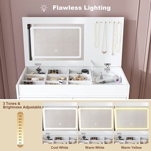 Flip Top LED Lighted Vanity <b>Desk</b> with Built-in Outlet 2 <b>Drawers</b> Open Storage Hooks-Wood Makeup Vanity Table for Dressing - Product Image 4