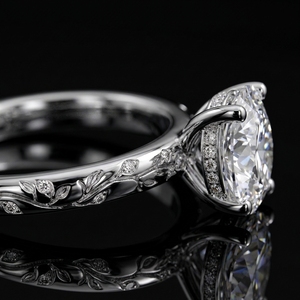 Anillo de Compromiso de Platino PT950 con Grabado Botánico de Flores y Hojas de Sauce Talladas a Mano, Diamante Redondo Brillante de 1 Quilate - Product Image 4