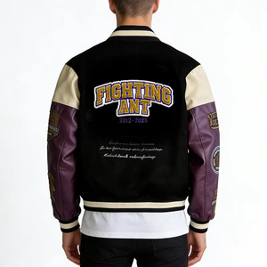 Chaqueta Varsity Fighting Ant para Hombre, Negra, Beige y Morada, de Cuero PU, con Parches Bordados, Diseño Casual para Otoño, con Botones - Product Image 4