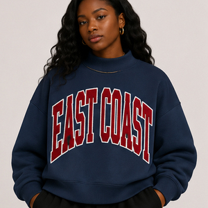 Sudadera de Cuello Redondo de Alta Calidad Estilo East Coast para Mujer, Talla Grande, Color Azul Marino con Letras Rojas Estampadas, Tejido de Algodón, Ropa Casual de Otoño - Product Image 1