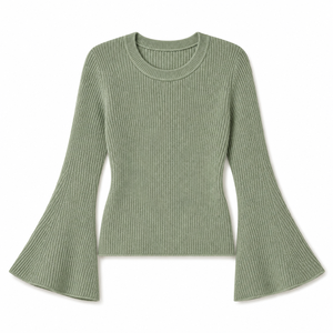 Suéter de Punto Acanalado 100% Algodón para Mujer, Cuello Redondo, Mangas Largas Acampanadas, Corte Ajustado, Informal, Otoño Invierno, OEM ODM 12GG - Product Image 3