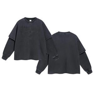 Camiseta de Manga Larga Negra de Punto para Hombre, Talla Grande, Cuello Redondo, Color Sólido, Ribete en Contraste, Estilo Urbano, Ropa Casual - Product Image 2