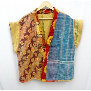 Chaqueta de Invierno para Mujer, Hecha a Mano, Estilo Vintage Kantha, Acolchada, Tipo Kimono, con Cinturón, Manga Corta, Reversible, Multicolor, 100% Algodón Orgánico - Product Image 5