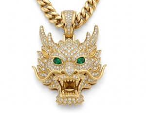 18K Gold <b>Iced</b> <b>Out</b> Dragon Pendant Diamond Pave Emerald Eyes Cuban <b>Chain</b> Lab Grown Custom - Product Image 1