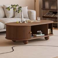 Table basse ovale moderne en noyer massif rainuré avec rangement pour salon, table centrale élégante pour la zone canapé, mobilier de maison