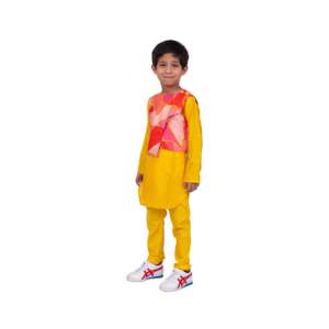 Boys XL Full Sleeves Cotton Kurta-<b>Pyjama</b>-Jacket Yellow & Coral All-Over Printed - Product Image 5