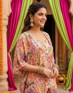 K V International - Conjunto Salwar Kameez Sharara Kaftan Multicolor con Estampado Kitsch, Tradicional, para Fiestas de Otoño, en Rayón Reversible - Product Image 1