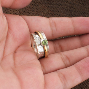 Natural Bezel Setting Two-Tone Gold Accent Meditation Anxiety Fidget <b>Spinner</b> <b>Ring</b> 925 Sterling Silver Hammered Band Unisex - Product Image 2