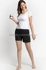 Shorts imprimés bleu marine pour femmes avec motif tasse de café, taille élastique, en coton tricoté, coupe décontractée - Product Image 5