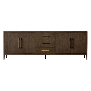 Luxury Modern <b>Sideboard</b> Cabinet Solid Teak with Natural Grain Dark Finish Four Doors Three Drawers and Gold <b>Metal</b> Handle - Product Image 1