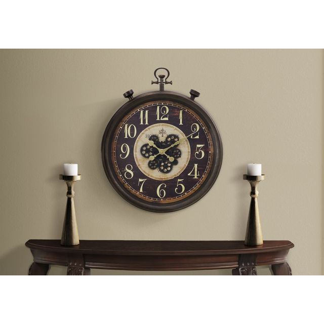 24\" Round Traditional Brown Wall Clock with Gear Mechanism