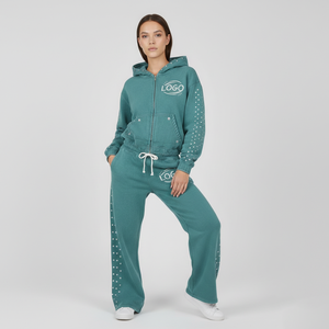 Conjunto de Sudadera Corta con Doble Cremallera y Pedrería, Lavado Ácido, de Peso Pesado, y Pantalones de Chándal, Chándal Urbano para Hombre - Product Image 3