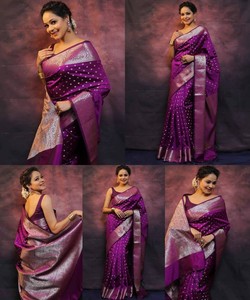 Sari de Seda Morado con Borde de Zari, Traje Tradicional Indio para Bodas, para Mujer - Product Image 2