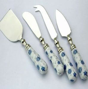 Ensemble de couteaux à fromage à manche en céramique florale avec lames en acier inoxydable poli miroir, compatibles lave-vaisselle, ustensiles de service pour fêtes - Product Image 1