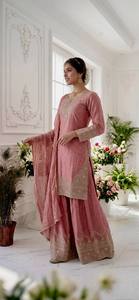Pink Silk Traditional Indian Pakistani <b>Women</b> Floor-Length <b>Kurta</b> Set With Dupatta Regular Fit Ethnic Outfit All Seasons - Product Image 4