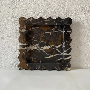 Plateau de service carré festonné en marbre noir et or, pierre naturelle, décoration de luxe pour la maison, revêtement mural de cuisine résistant au feu - Product Image 1