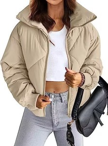 Veste matelassée courte pour femme, col montant, fermeture éclair, rembourrage épais, couleur unie, vêtement d'extérieur d'hiver - Product Image 6