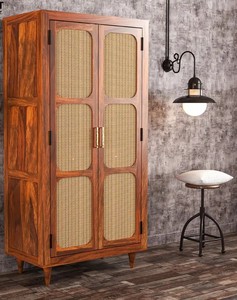 Boho Rattan Door Solid Wood Wardrobe | Mid-Century Cane Armoire with <b>Shelves</b> | Jodhpur Export - Product Image 1