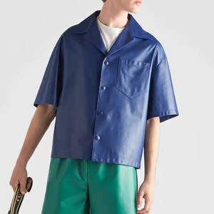 2026 New Design Custom Stand Collar Anti-Wrinkle Breathable <b>Half</b> Sleeve Blue Faux <b>Button</b> Down Chest Pocket Leather <b>Shirt</b> for Men - Product Image 3