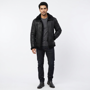 Blouson Aviateur F2 en Cuir pour Homme, Nouveau Style, Respirant, Doublure Sherpa avec Bordure en Fourrure, Col en Peau de Mouton de Haute Qualité, Imprimé Uni, Tricoté, Hiver - Product Image 4