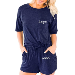 <b>Women</b> <b>2</b> <b>Piece</b> Shorts Set Solid Navy Cotton Casual Loose Fit Crew Neck Short Sleeve Above Knee Length Summer <b>Outfit</b> - Product Image 4