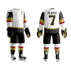 Conjunto de Uniforme de Hockey sobre Hielo para Hombre, Blanco, Negro y Dorado a Rayas, Manga Larga, Jersey de Poliéster que Absorbe la Humedad, Pantalones, Guantes, Patines - Product Image 5